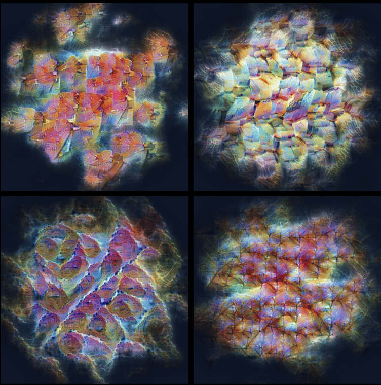 Four synthetic feature-visualization images, each a dense swirl of leaf-like shapes and vein networks in pale blues, pinks and oranges, showing the prototypical venation pattern one learned concept responds to most strongly