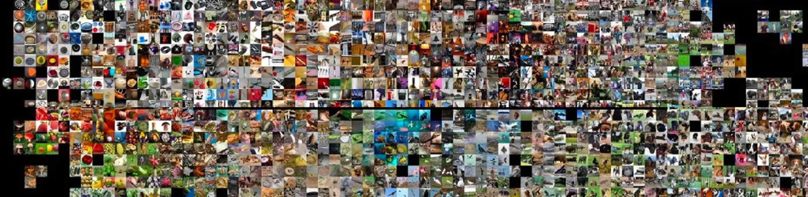 A mosaic of hundreds of small ImageNet photographs of animals, objects, vehicles and scenes