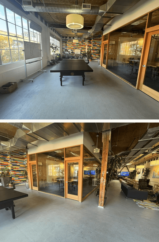 Two ordinary phone photographs of the same office room with a ping-pong table, taken from different angles, stacked one above the other