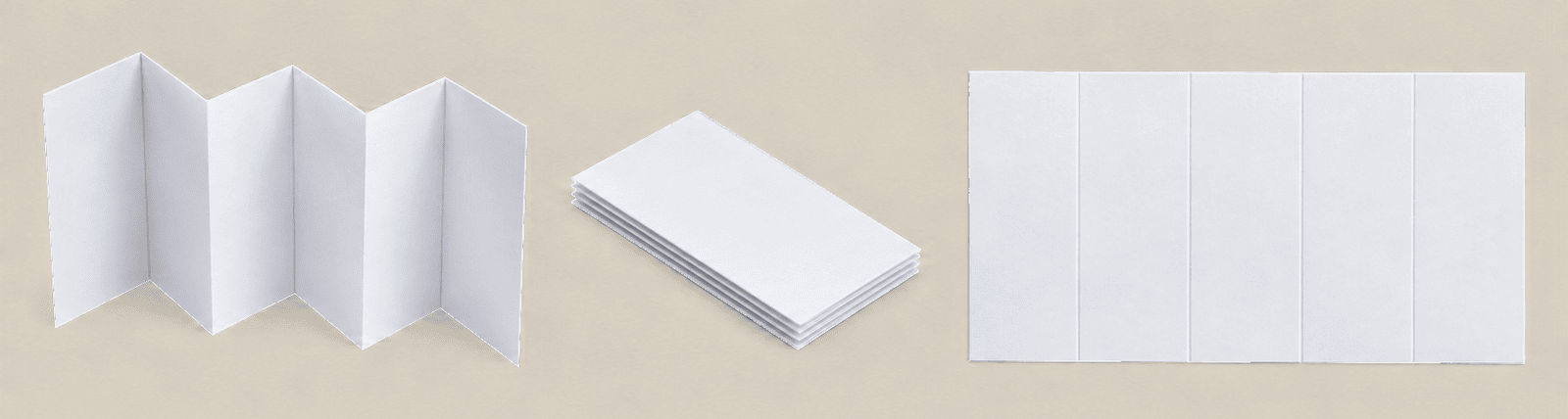 Three photographs of white paper on blue. Left, a sheet folded like an accordion, standing in 3-D. Middle, the same accordion pressed flat into a thin stack, all its panels on top of each other. Right, the sheet opened out flat, the fold lines visible between five panels
