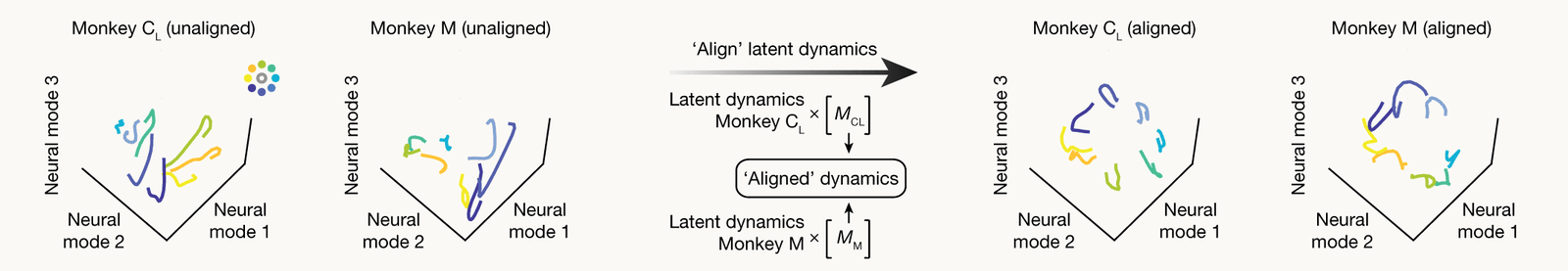 Neural trajectories of two monkeys making the same eight reaches, on the top principal components, before and after alignment