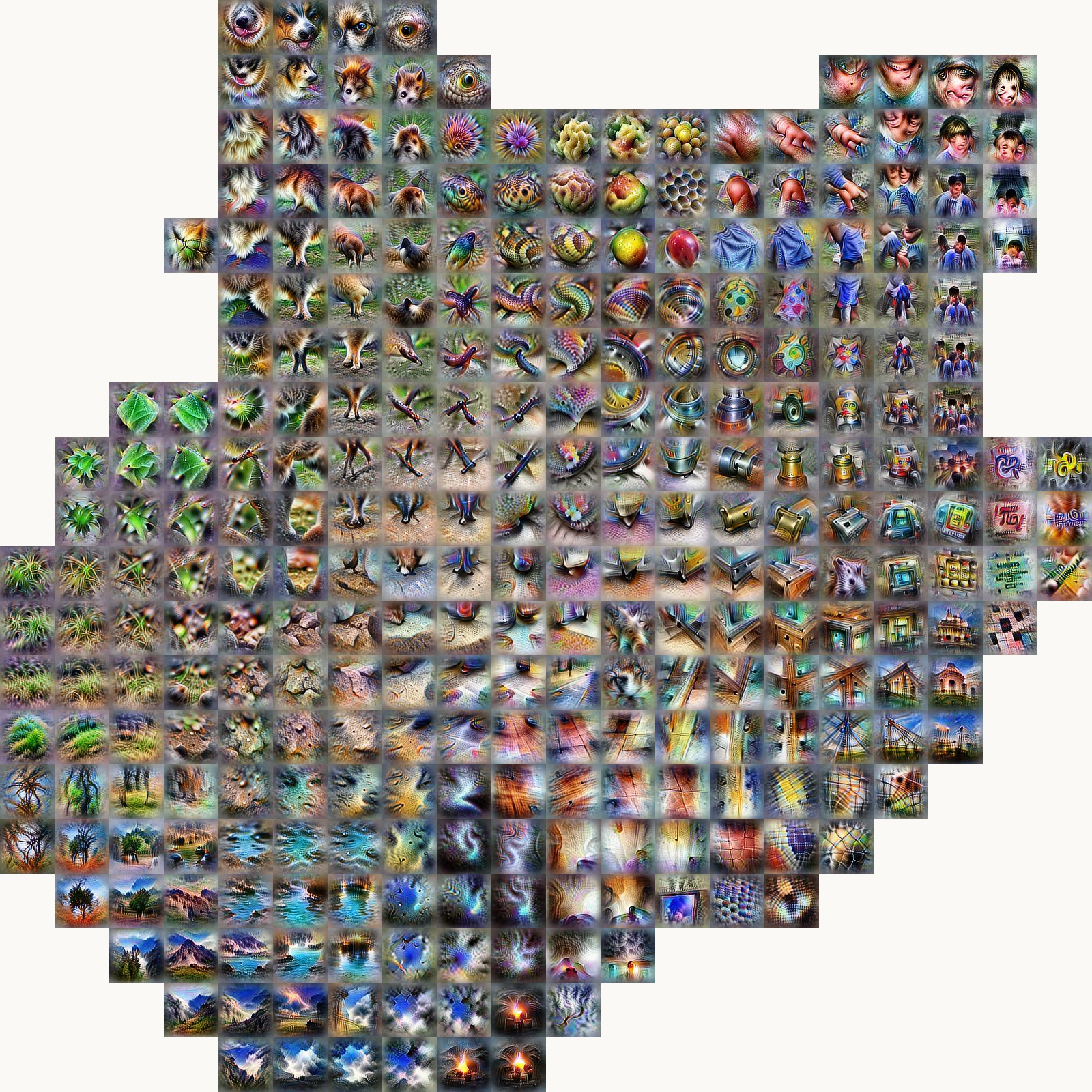 Activation Atlas: a grid of feature visualizations placed by UMAP of an image network layer, with animals, landscapes and objects in separate regions