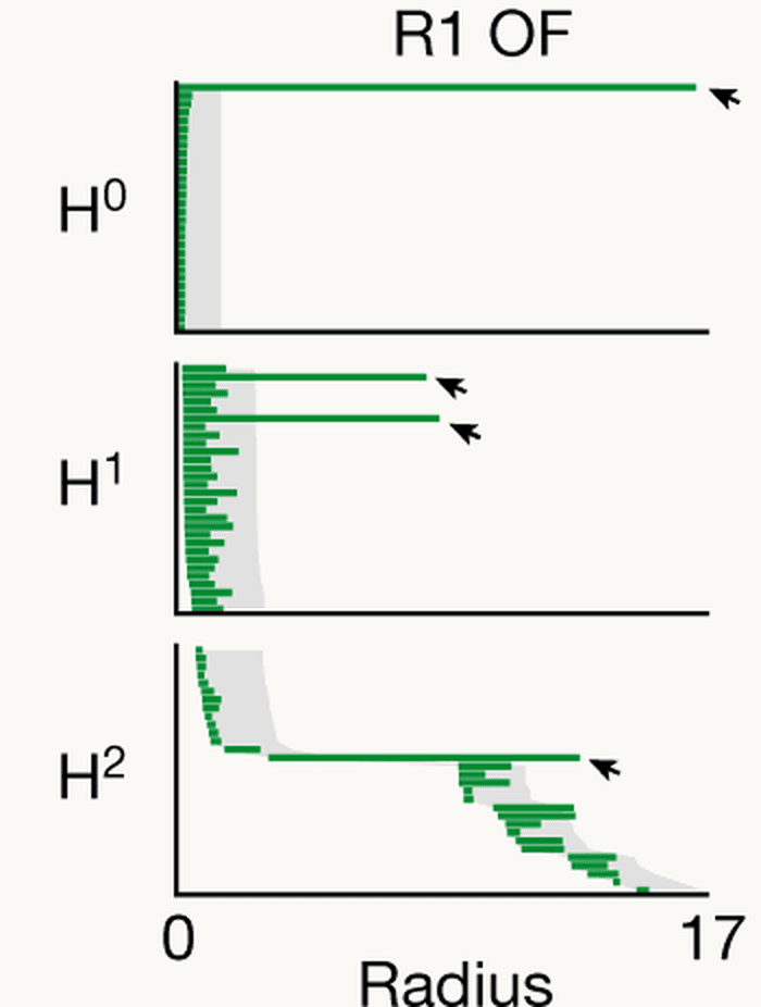 Persistence barcodes for the same data: one long bar in the H0 row, two long bars in the H1 row and one long bar in the H2 row, marked with arrows