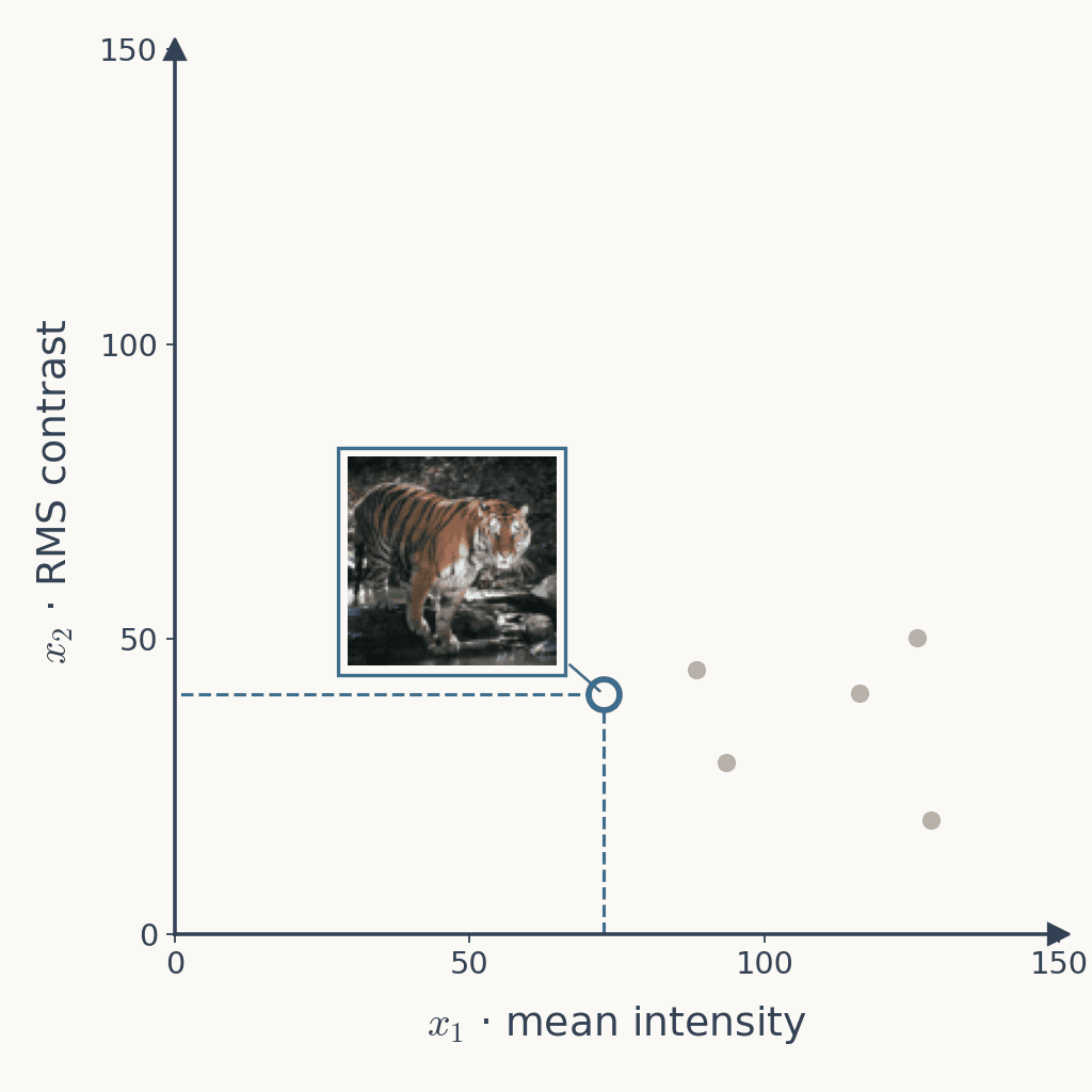 Square plot of RMS contrast against mean intensity; the tiger's point at 72.7 and 40.6 is highlighted with its thumbnail beside it; five other images appear as grey dots