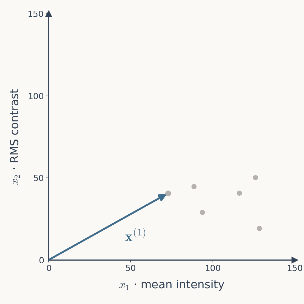 The same square plot of RMS contrast against mean intensity with a single arrow drawn from the origin to the tiger's point at 72.7 and 40.6, labelled x superscript 1; the other five images are grey dots