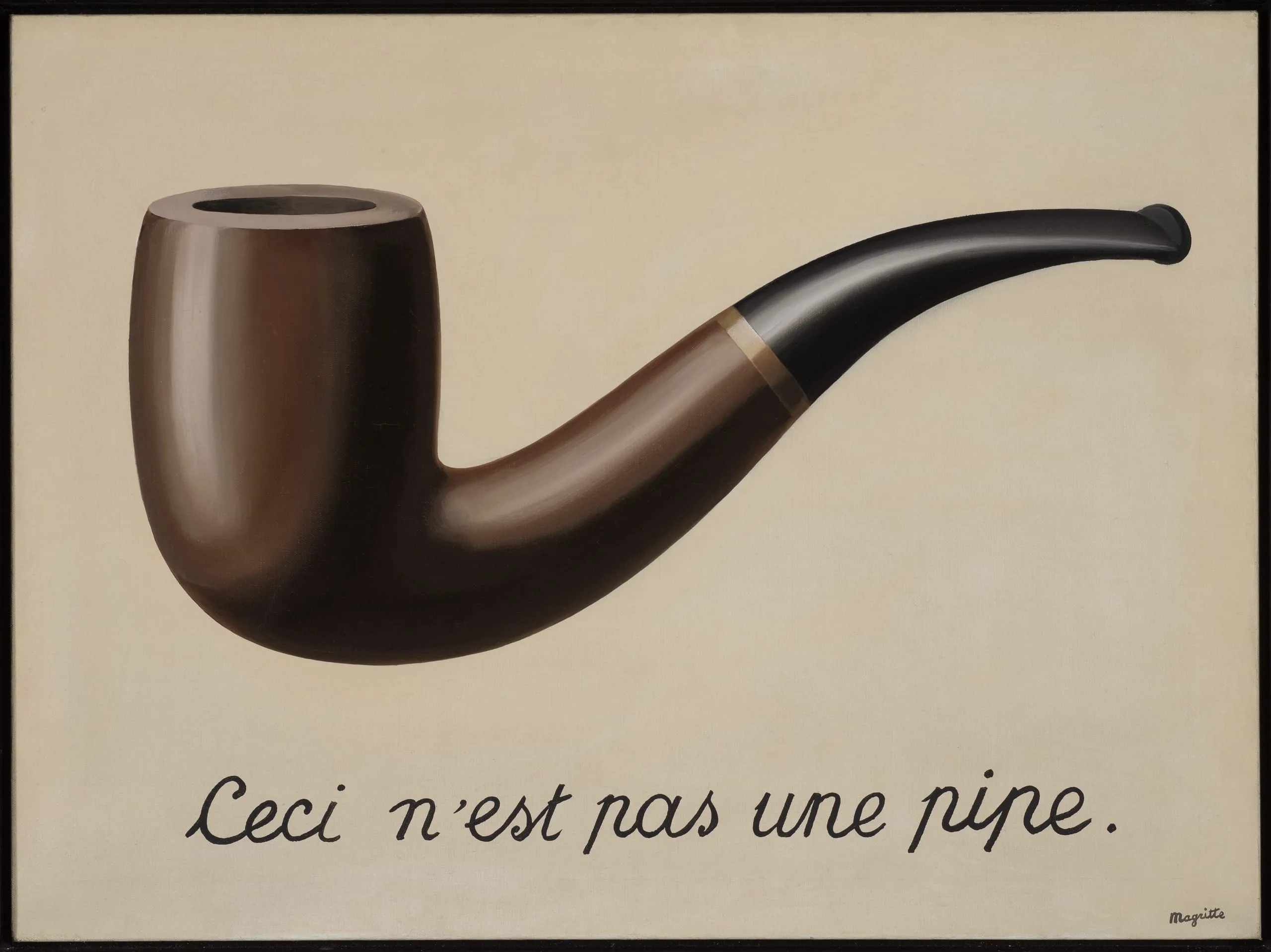 Magritte’s painting depicts a smoking pipe above the French inscription Ceci n’est pas une pipe, meaning This is not a pipe