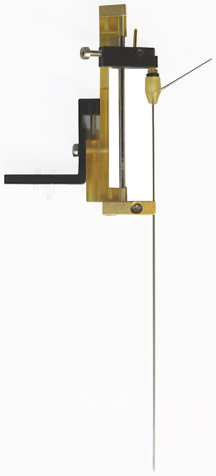 A single metal microelectrode, a thin needle, mounted in a holder that advances it into the brain