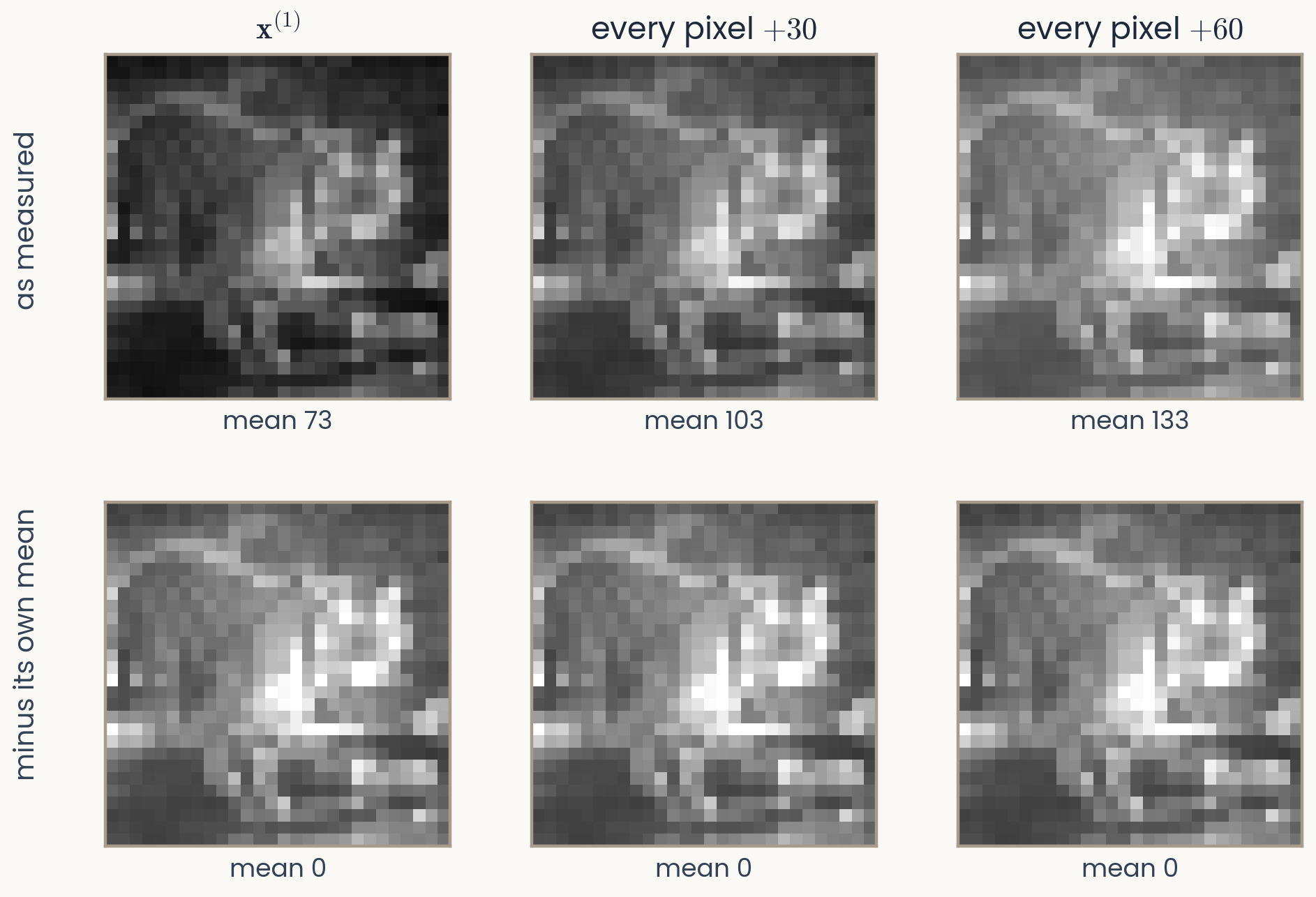 Top row: the tiger as a 28 by 28 grey image, then with 30 and with 60 added to every pixel, progressively washed out, means 73, 103 and 133. Bottom row: each image minus its own mean, three identical images with mean 0