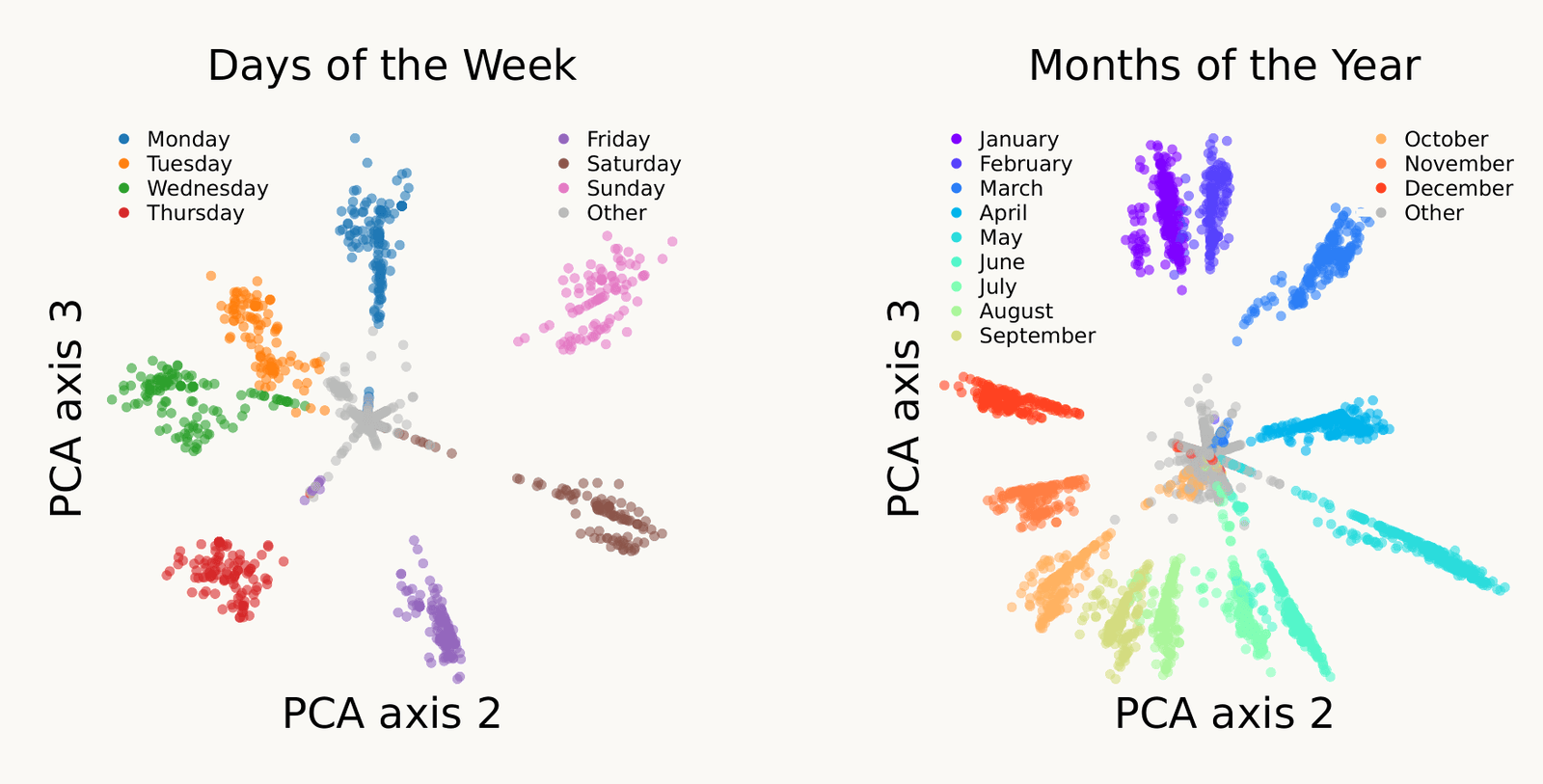 Two panels from GPT-2-small, layer 7, projected on principal components 2 and 3, with a wide gap between them. Left, the representations of the seven days of the week form a ring of colored clusters in calendar order, Monday to Sunday. Right, the twelve months form a ring in calendar order, January to December