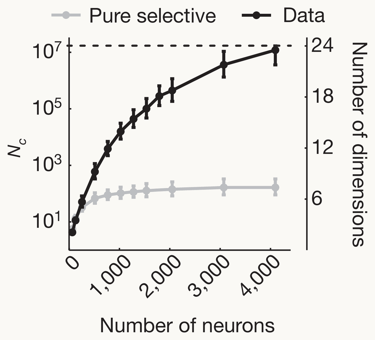 Rigotti et al. (2013) Fig. 4b, second delay of the sequence task. Line plot against the number of neurons read out, 0 to 4,000. Left axis: number of two-class splits a readout solves, N sub c, on a log scale from 10 to 10 to the 7; right axis: number of dimensions, 6 to 24. Black line, recorded data: rises steadily to about 23 dimensions at 4,000 neurons, just under the dashed maximum of 24. Grey line, simulated pure-selectivity neurons: levels off near 7 dimensions from about 500 neurons on. Error bars on each point
