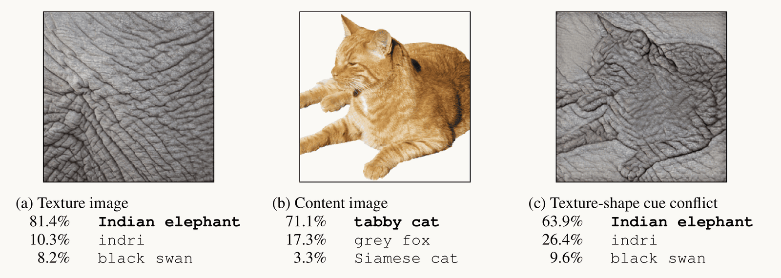 Reproduced from Geirhos et al. 2019, Fig. 1: three images with ResNet-50's top three answers. (a) A texture image of elephant skin: Indian elephant 81.4 percent, indri 10.3, black swan 8.2. (b) A photograph of a tabby cat: tabby cat 71.1 percent, grey fox 17.3, Siamese cat 3.3. (c) The cat's shape with elephant-skin texture, a texture-shape cue conflict: Indian elephant 63.9 percent, indri 26.4, black swan 9.6