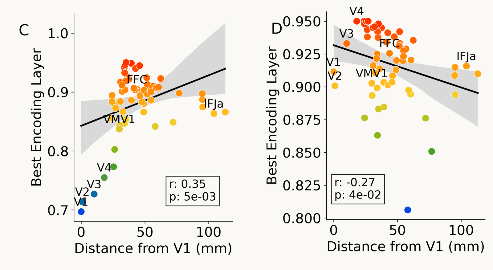 Two scatter plots, one point per brain region, horizontal axis distance from V1 in millimetres (0 to about 110), vertical axis the network layer that best predicts the region, as a fraction of network depth. Left, panel C, forward activations: V1, V2, V3 and V4 sit low near 0.7 to 0.77, regions farther from V1 are best predicted by deeper layers, and the fitted line rises (r = 0.35, p = 5e-03). Right, panel D, backpropagated gradients: V1 and V2 sit near 0.90 to 0.91, V4 near 0.95, and the fitted line falls with distance (r = -0.27, p = 4e-02)